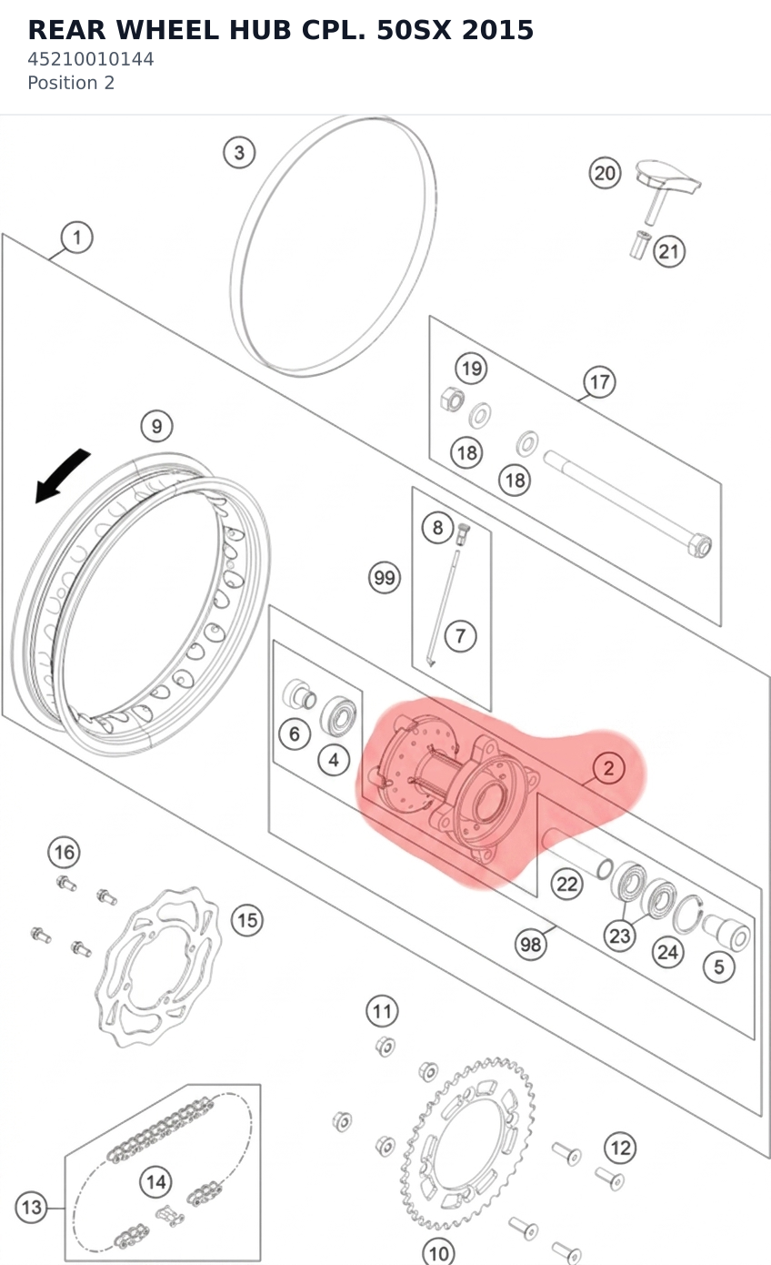 Diagram preview: REAR WHEEL HUB CPL. 50SX 2015 (45210010144)
