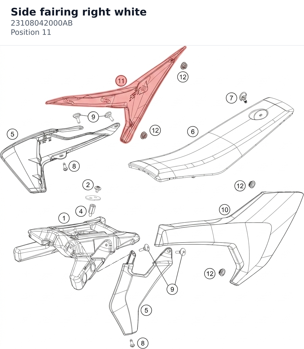 Diagram preview: Side fairing right white (23108042000AB)