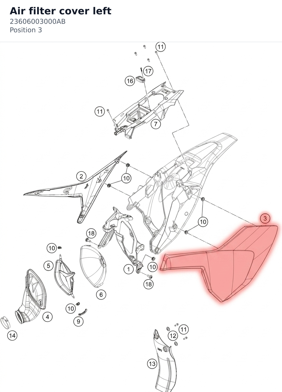 Diagram preview: Air filter cover left (23606003000AB)