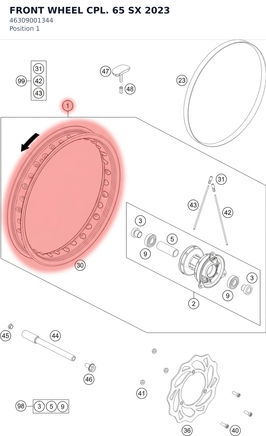 Diagram preview: FRONT WHEEL CPL. 65 SX 2023 (46309001344)