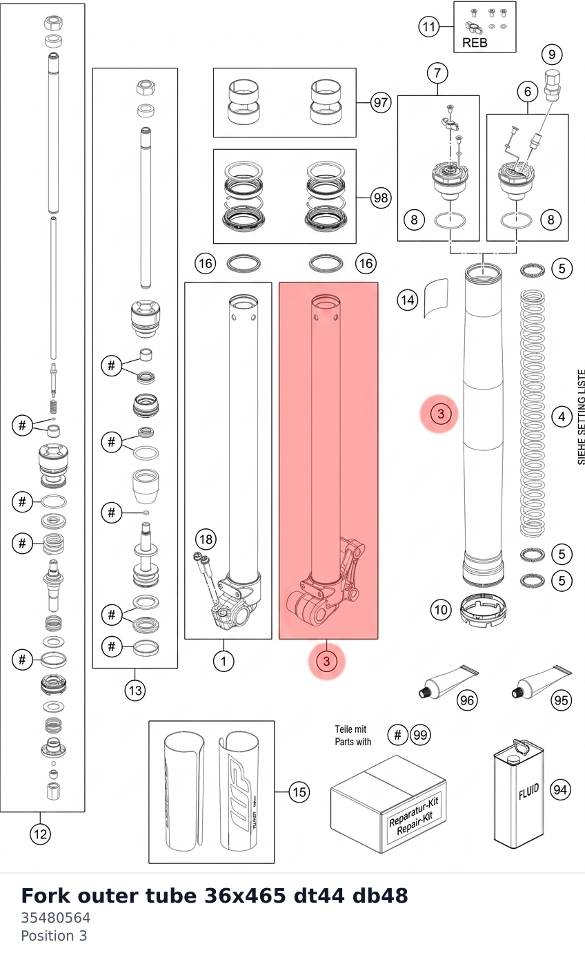 Diagram preview: Fork outer tube 36x465 dt44 db48 (35480564)