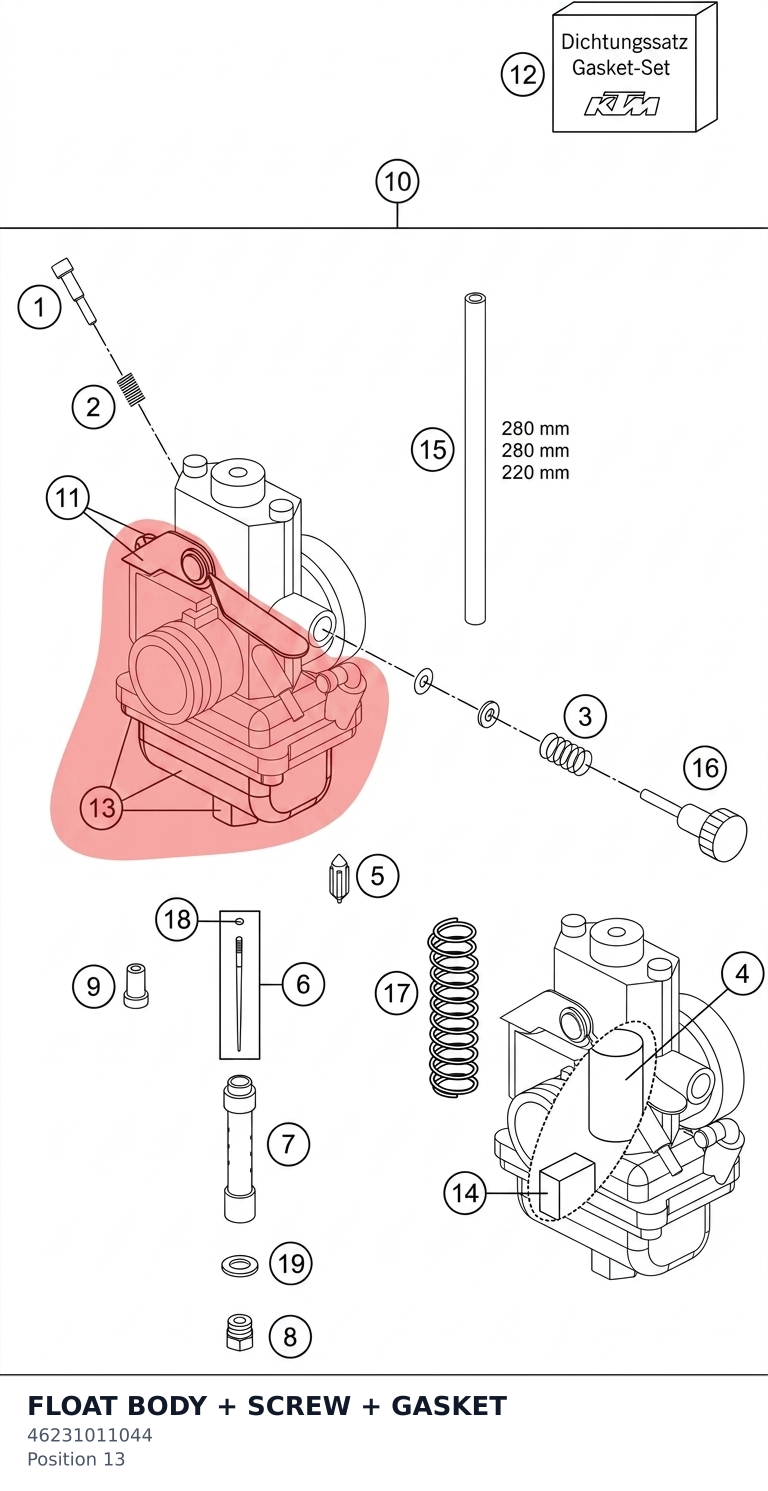 Diagram preview: FLOAT BODY + SCREW + GASKET (46231011044)