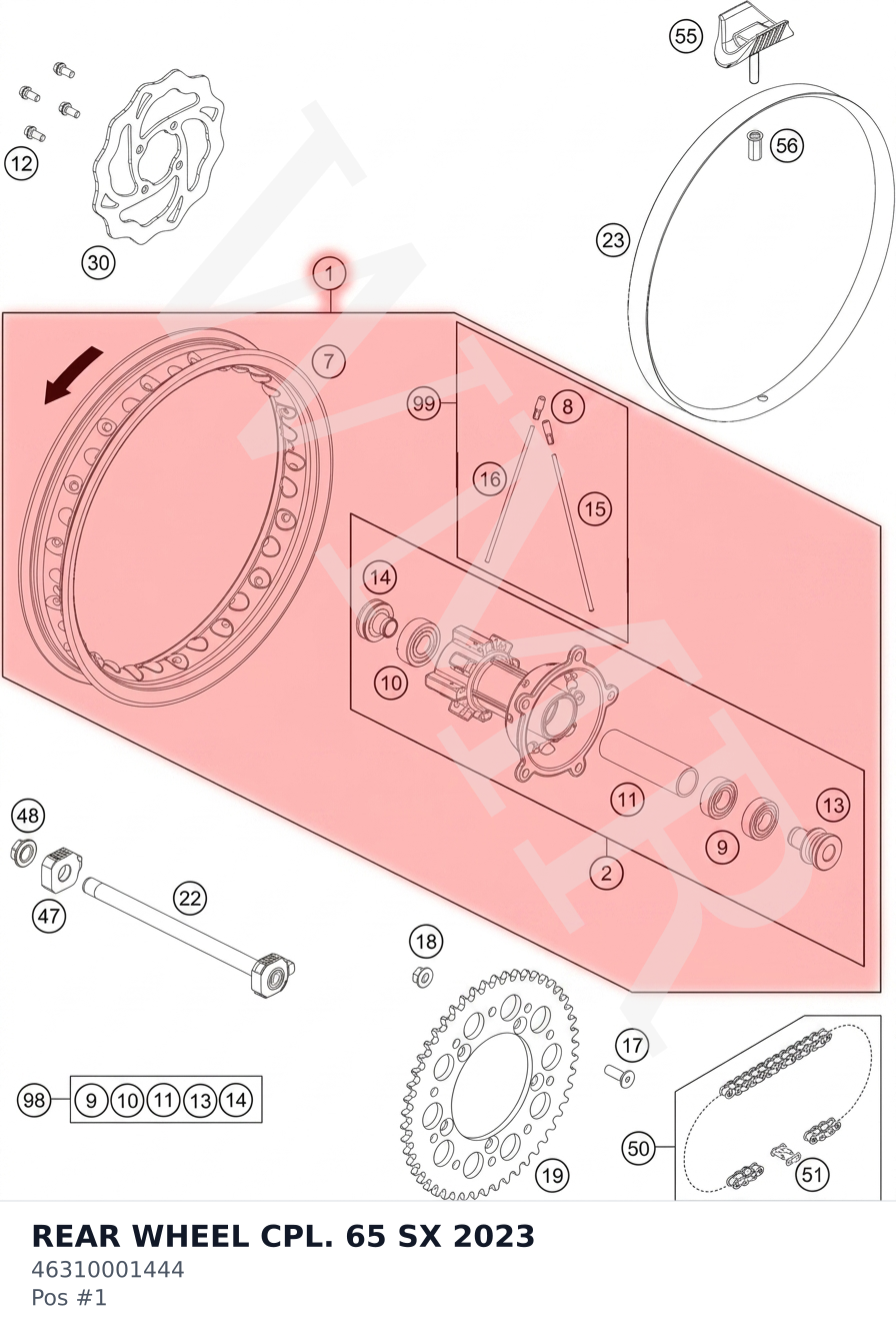 Diagram preview: REAR WHEEL CPL. 65 SX 2023 (46310001444)