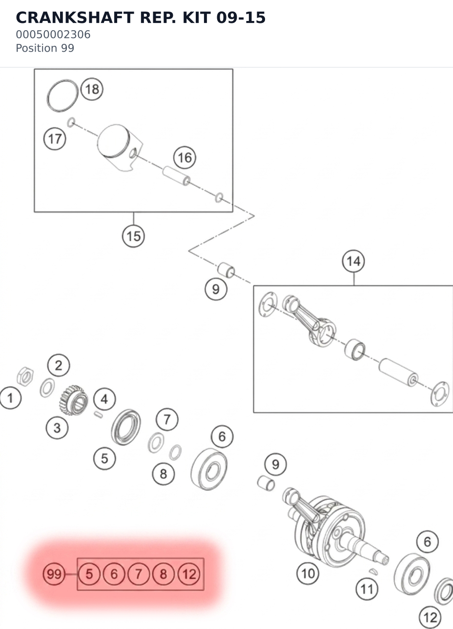 Diagram preview: CRANKSHAFT REP. KIT 09-15 (00050002306)