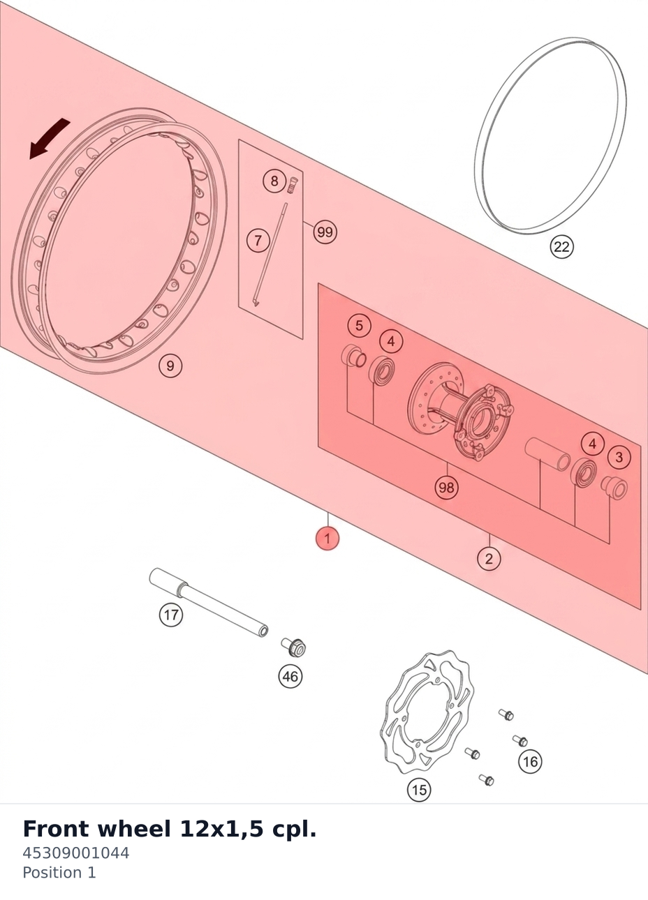 Diagram preview: Front wheel 12x1,5 cpl. (45309001044)