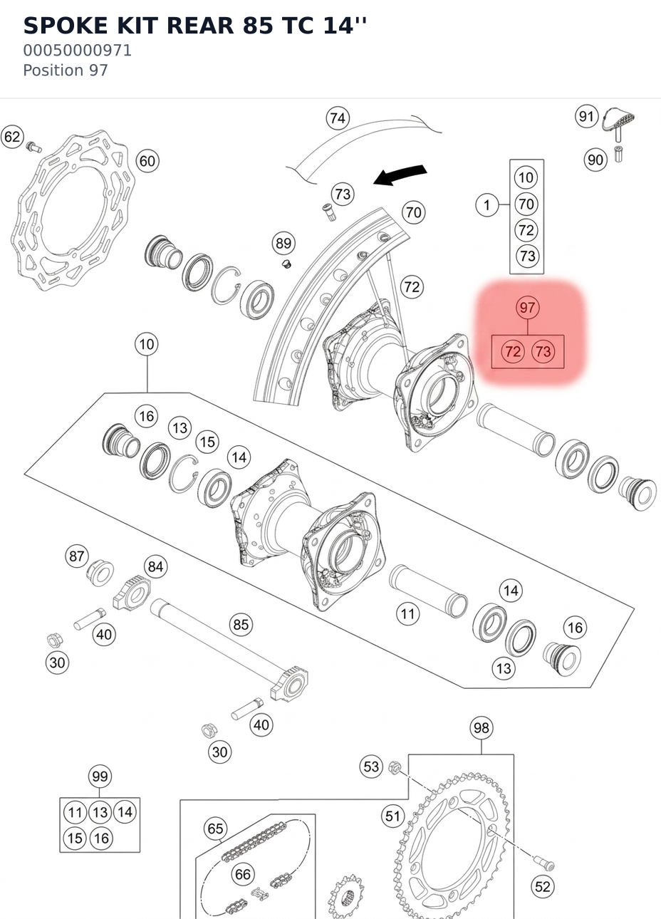 Diagram preview: SPOKE KIT REAR 85 TC 14'' (00050000971)