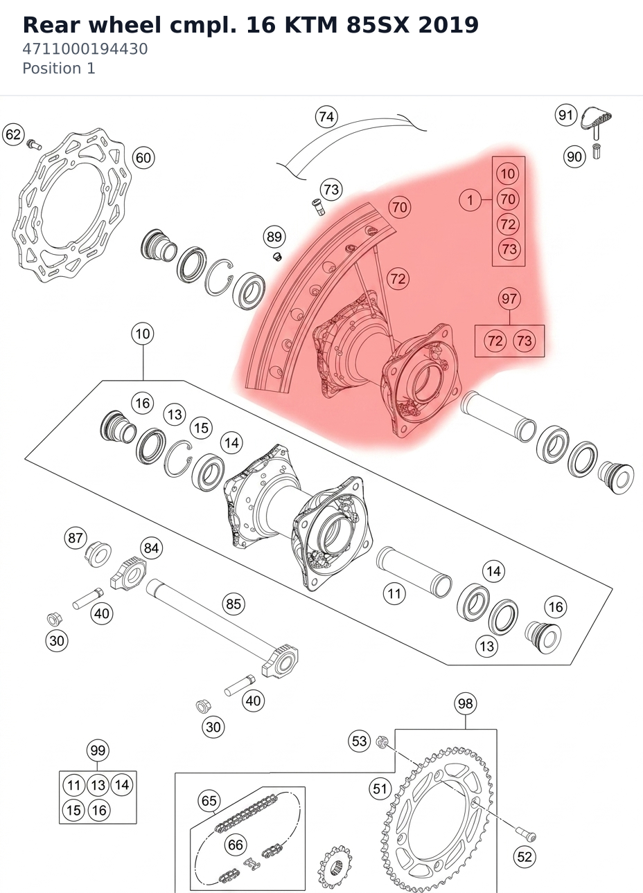 Diagram preview: Rear wheel cmpl. 16 KTM 85SX 2019 (4711000194430)