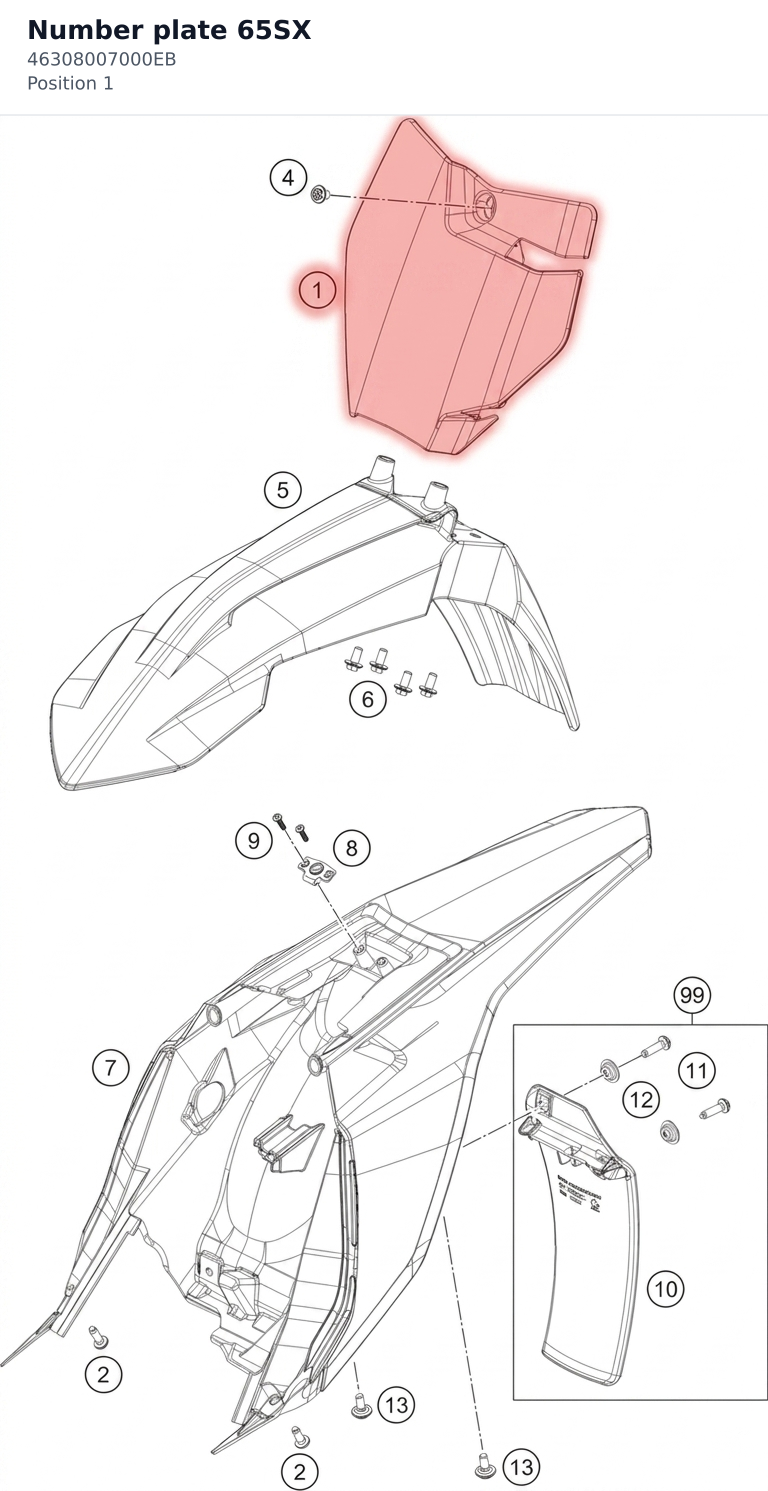 Diagram preview: Number plate 65SX (46308007000EB)