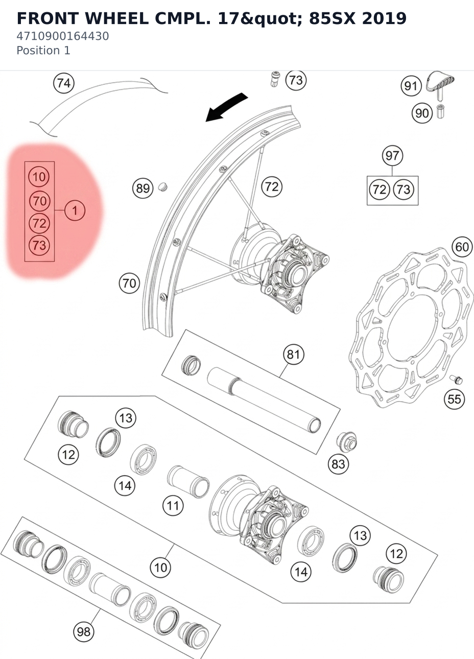 Diagram preview: FRONT WHEEL CMPL. 17" 85SX 2019 (4710900164430)