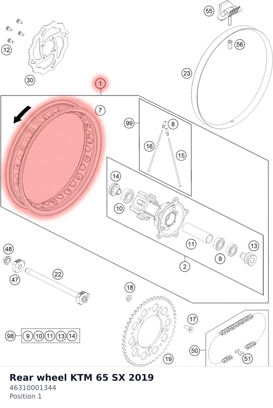 Diagram preview: Rear wheel KTM 65 SX 2019 (46310001344)