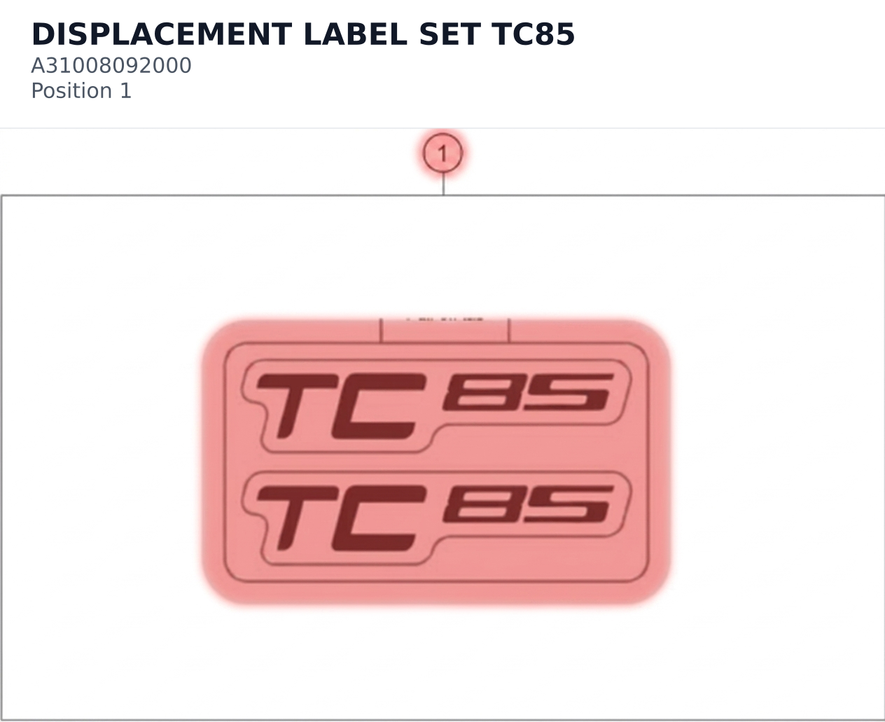 Diagram preview: DISPLACEMENT LABEL SET TC85 (A31008092000)