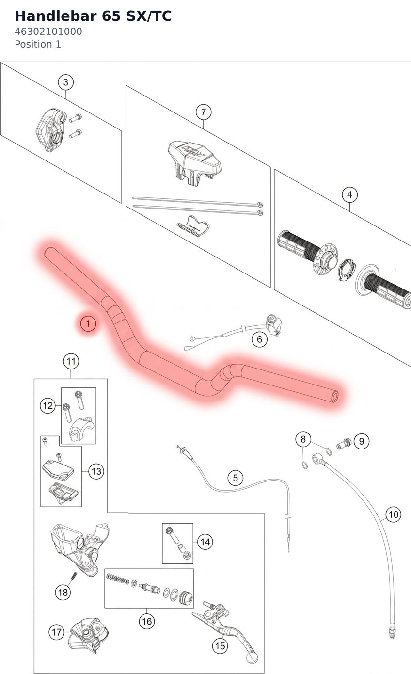 Diagram preview: Handlebar 65 SX/TC (46302101000)