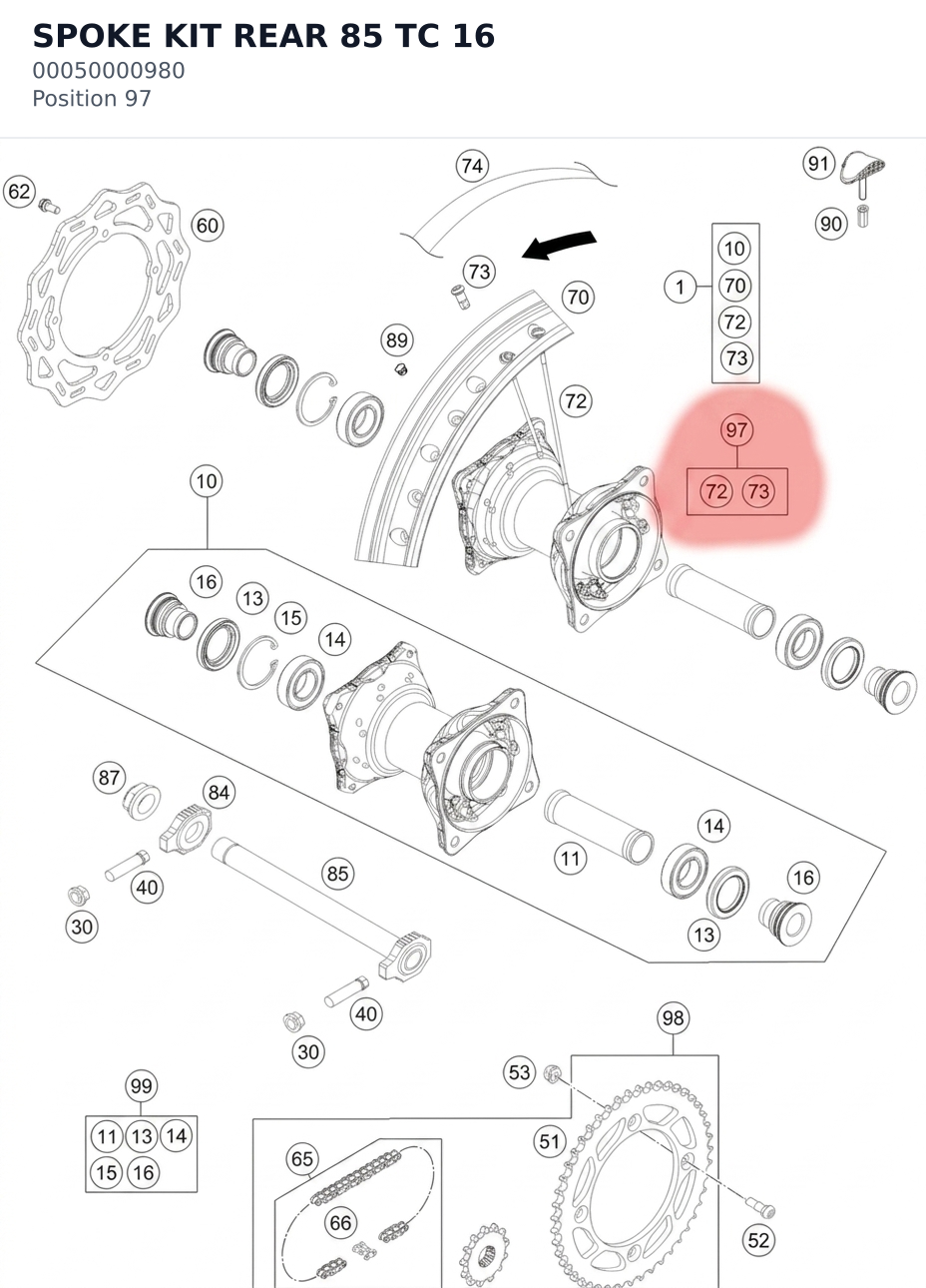 Diagram preview: SPOKE KIT REAR 85 TC 16 (00050000980)