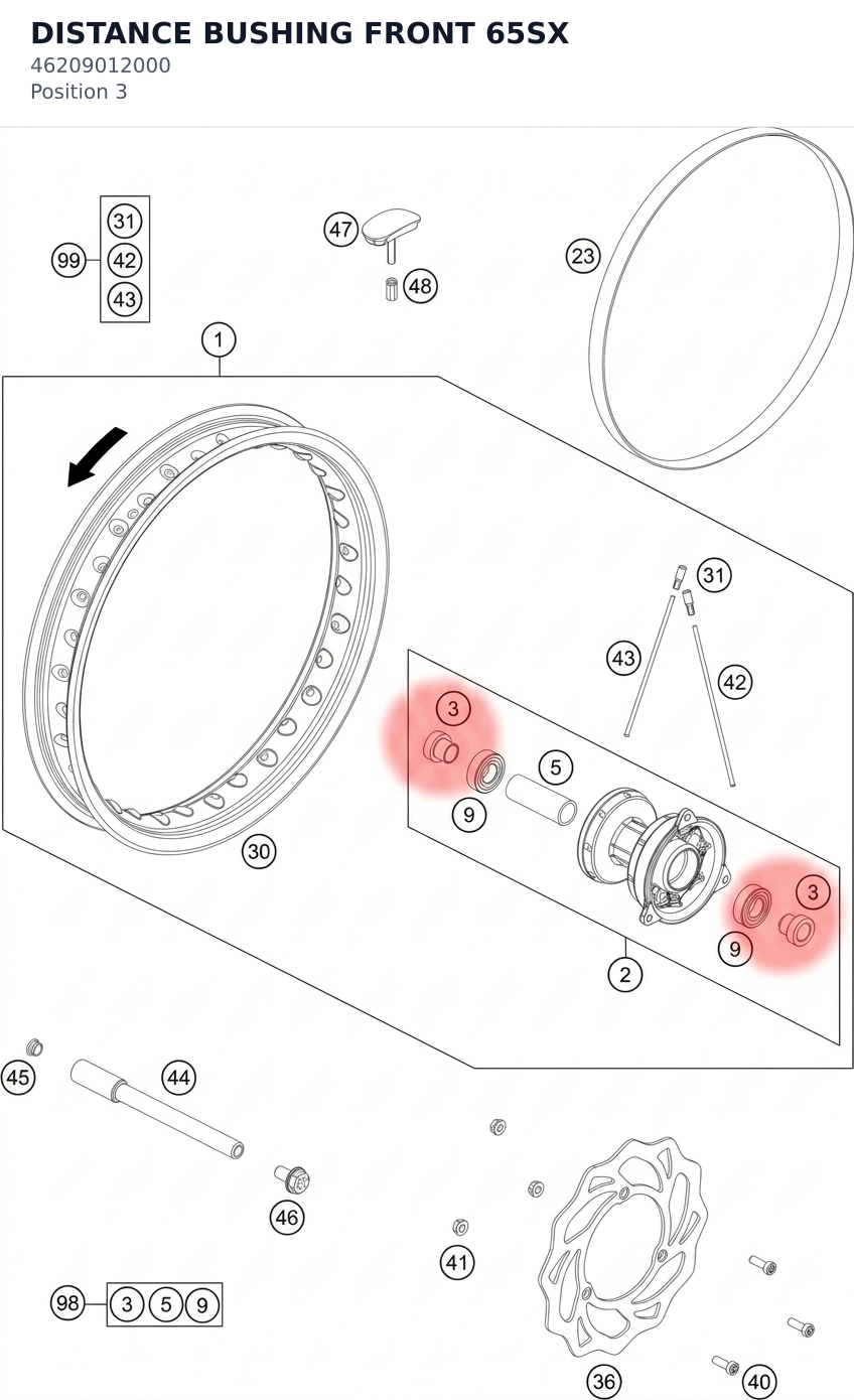 Diagram preview: DISTANCE BUSHING FRONT 65SX (46209012000)