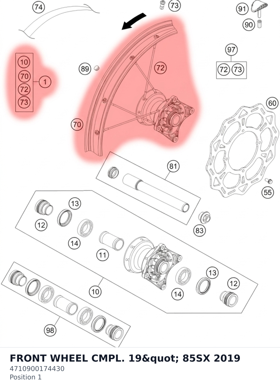 Diagram preview: FRONT WHEEL CMPL. 19" 85SX 2019 (4710900174430)