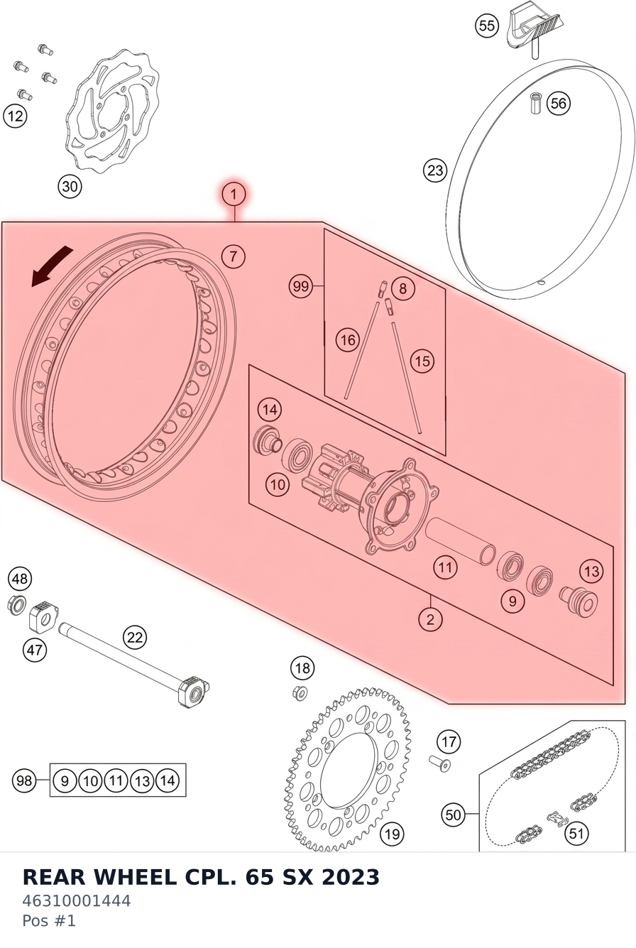 Diagram preview: REAR WHEEL CPL. 65 SX 2023 (46310001444)