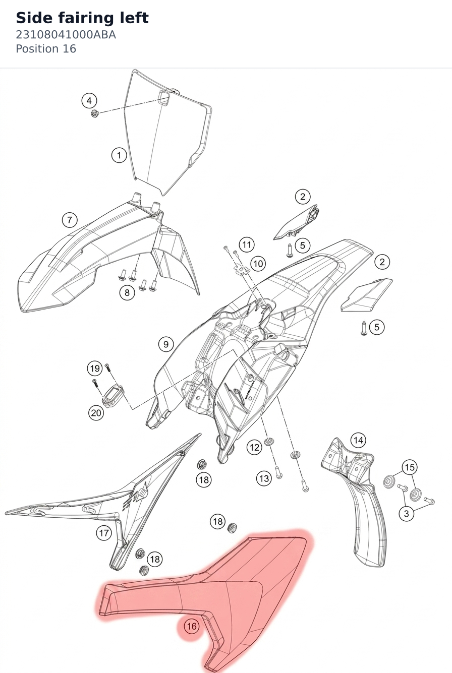 Diagram preview: Side fairing left (23108041000ABA)