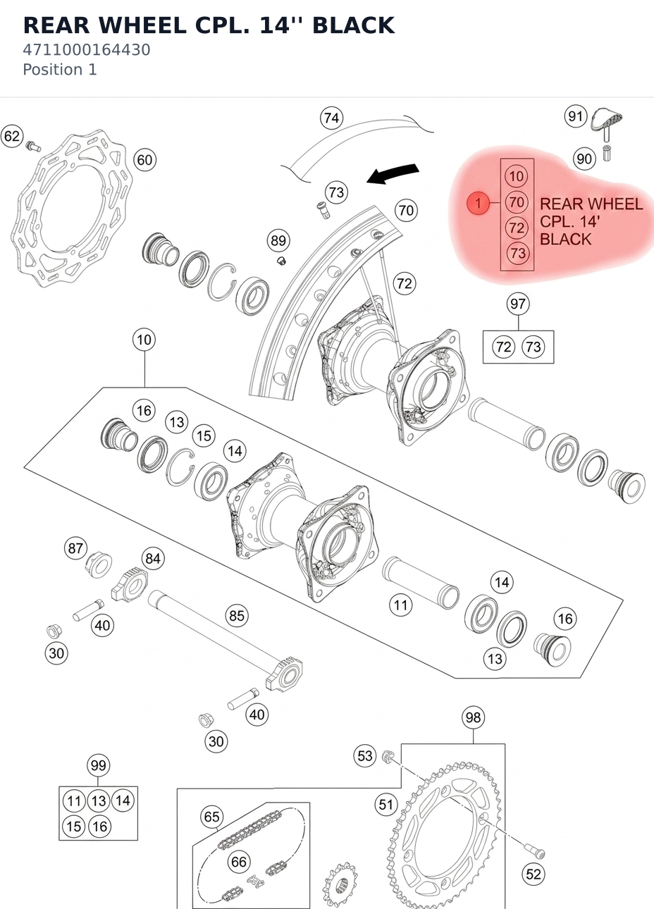 Diagram preview: REAR WHEEL CPL. 14'' BLACK (4711000164430)