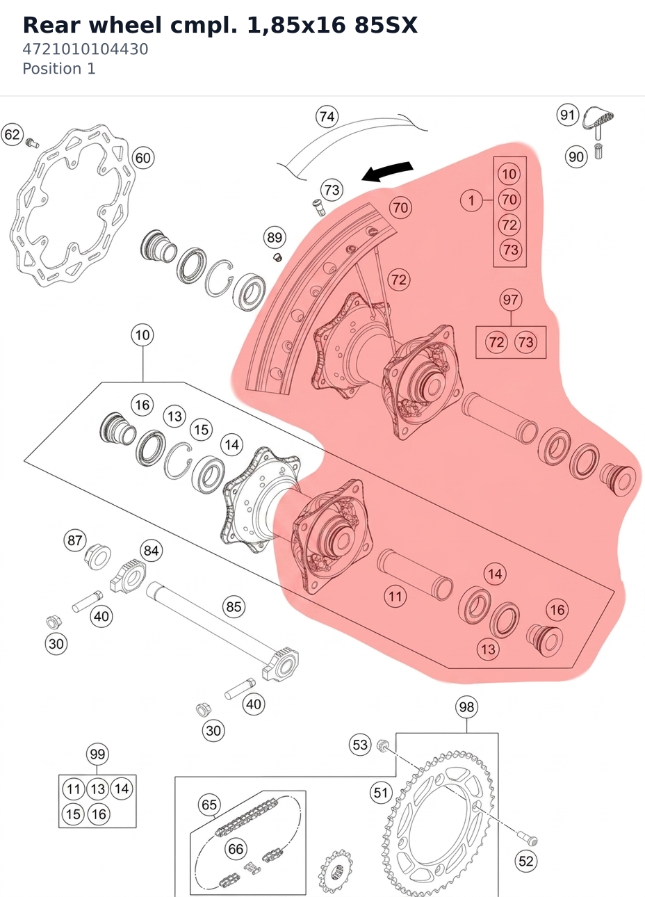 Diagram preview: Rear wheel cmpl. 1,85x16 85SX (4721010104430)