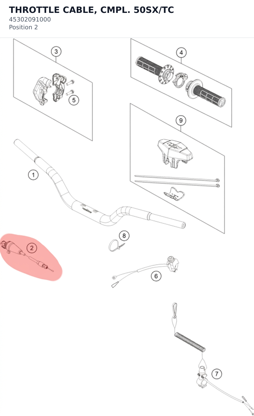 Diagram preview: THROTTLE CABLE, CMPL. 50SX/TC (45302091000)