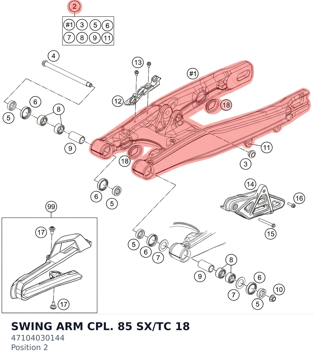 Diagram preview: SWING ARM CPL. 85 SX/TC 18 (47104030144)