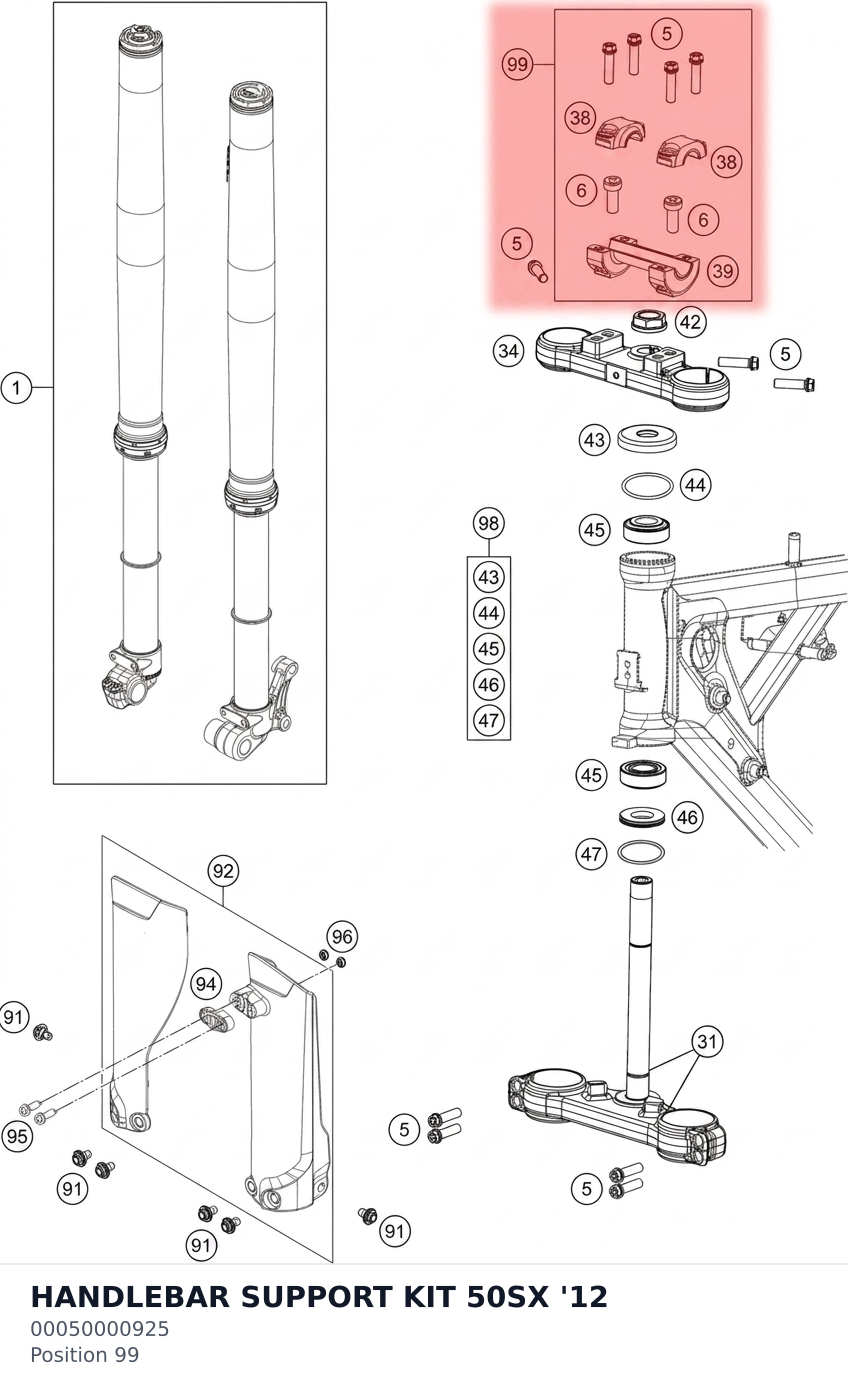 Diagram preview: HANDLEBAR SUPPORT KIT 50SX '12 (00050000925)