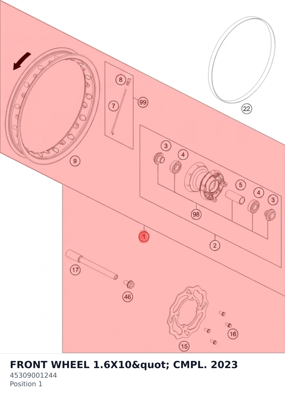 Diagram preview: FRONT WHEEL 1.6X10" CMPL. 2023 (45309001244)
