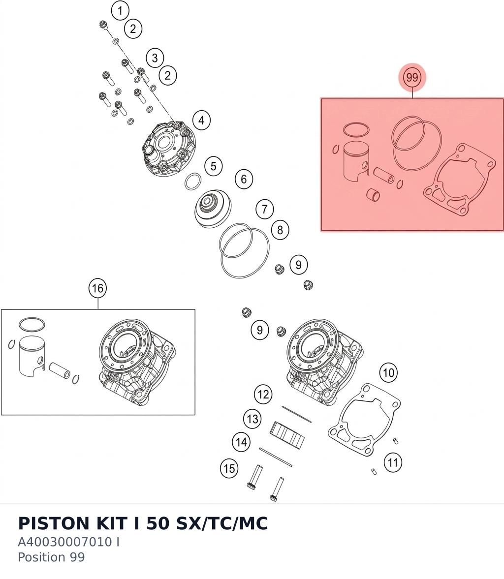Diagram preview: PISTON KIT I 50 SX/TC/MC (A40030007010 I)