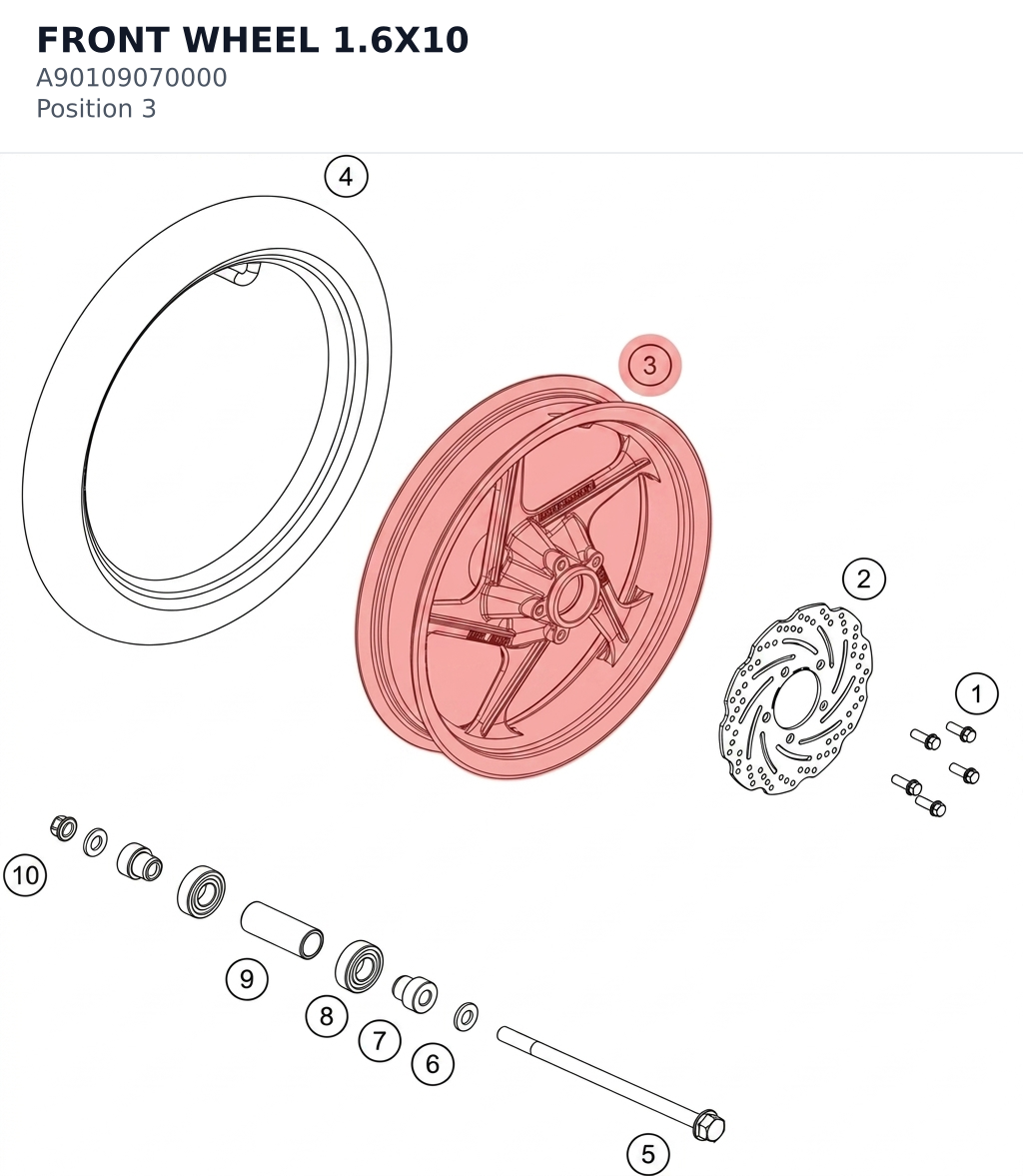 Diagram preview: FRONT WHEEL 1.6X10 (A90109070000)