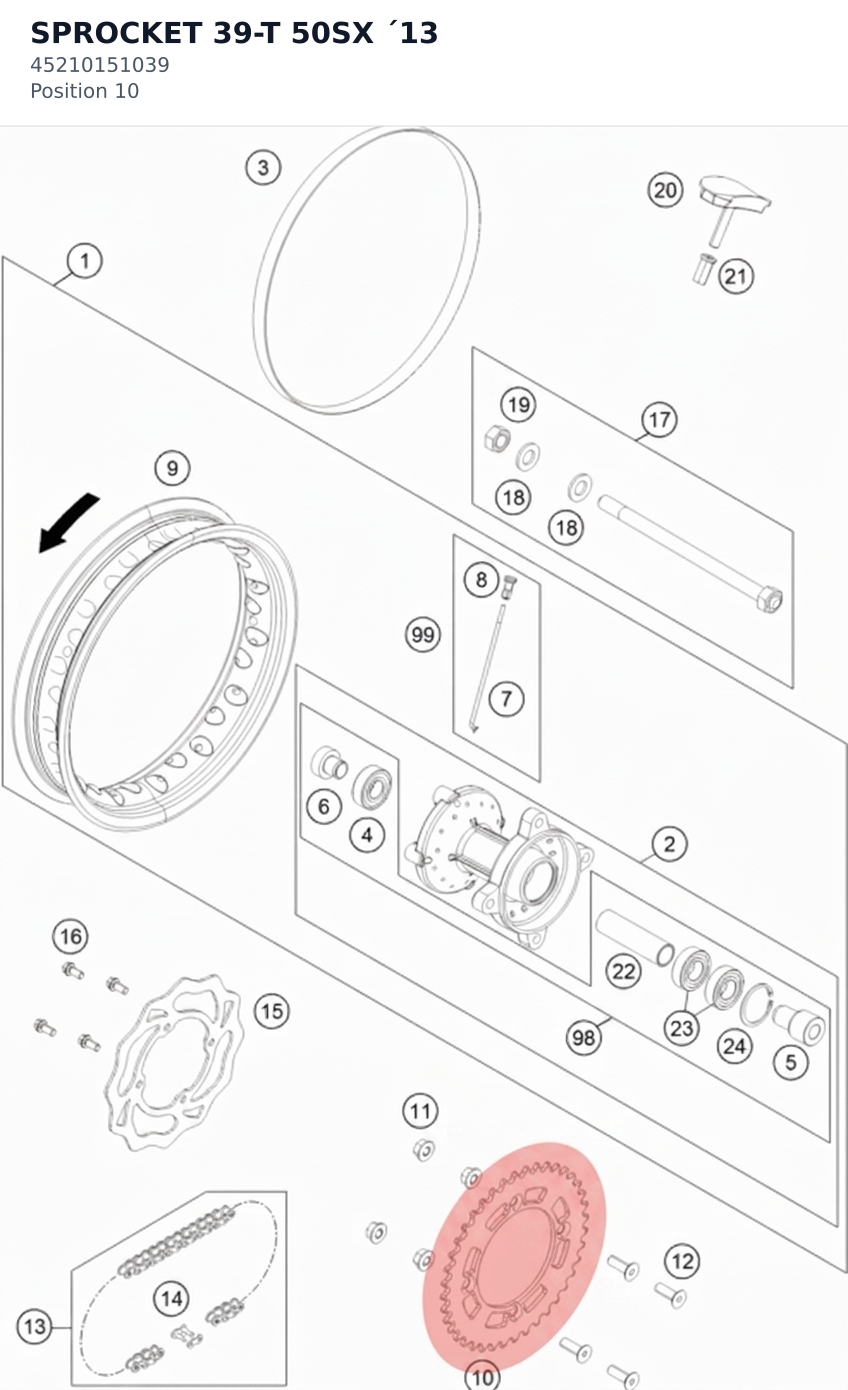 Diagram preview: SPROCKET 39-T 50SX ´13 (45210151039)