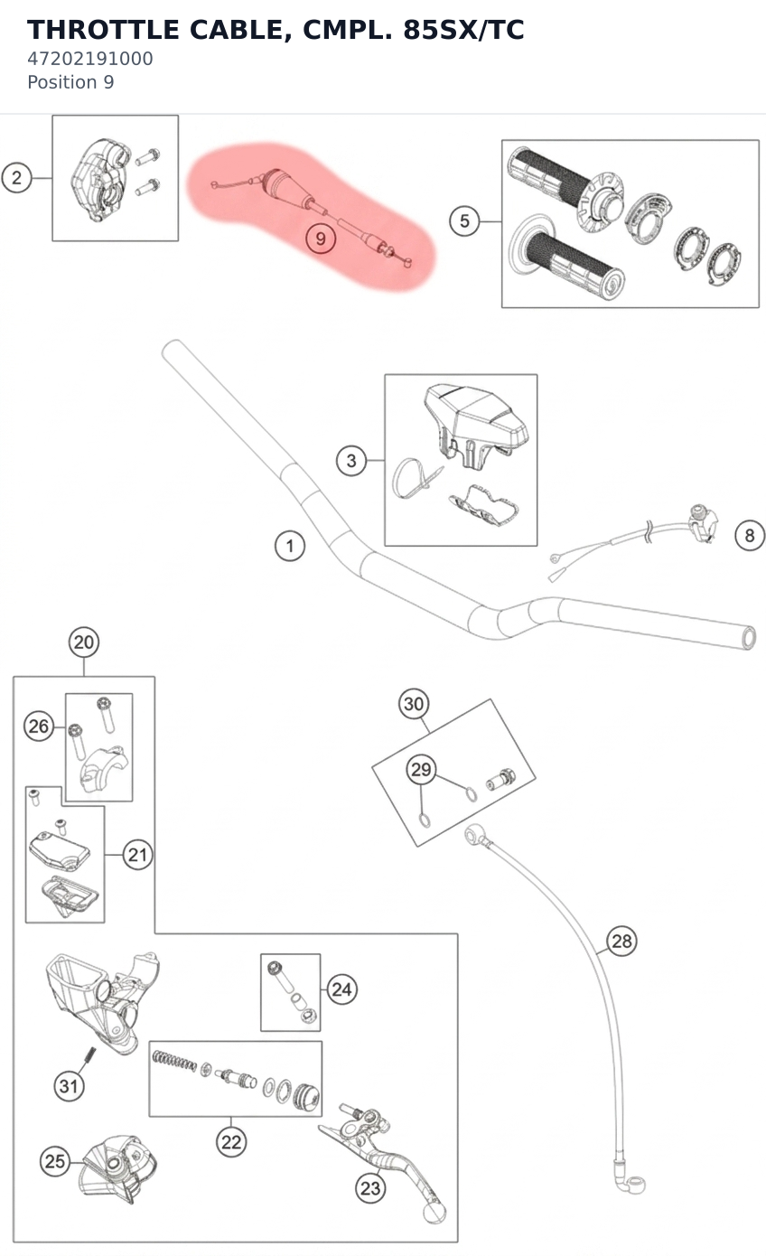 Diagram preview: THROTTLE CABLE, CMPL. 85SX/TC (47202191000)