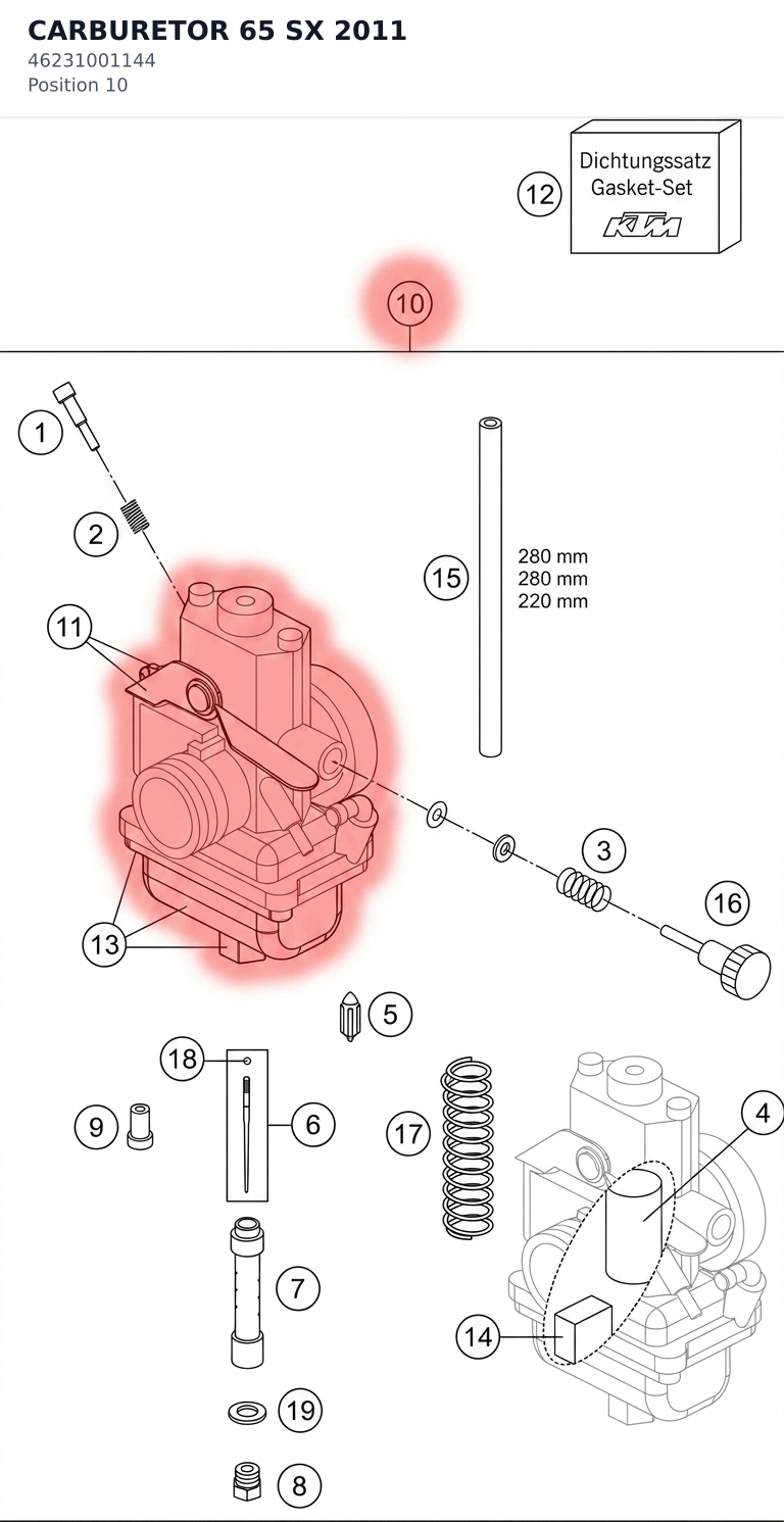 Diagram preview: CARBURETOR 65 SX 2011 (46231001144)