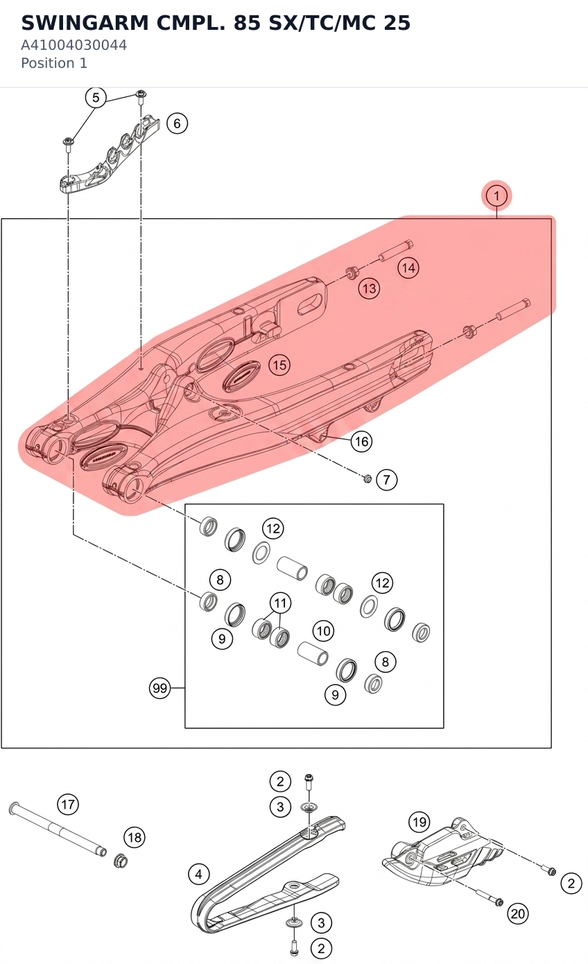 Diagram preview: SWINGARM CMPL. 85 SX/TC/MC 25 (A41004030044)