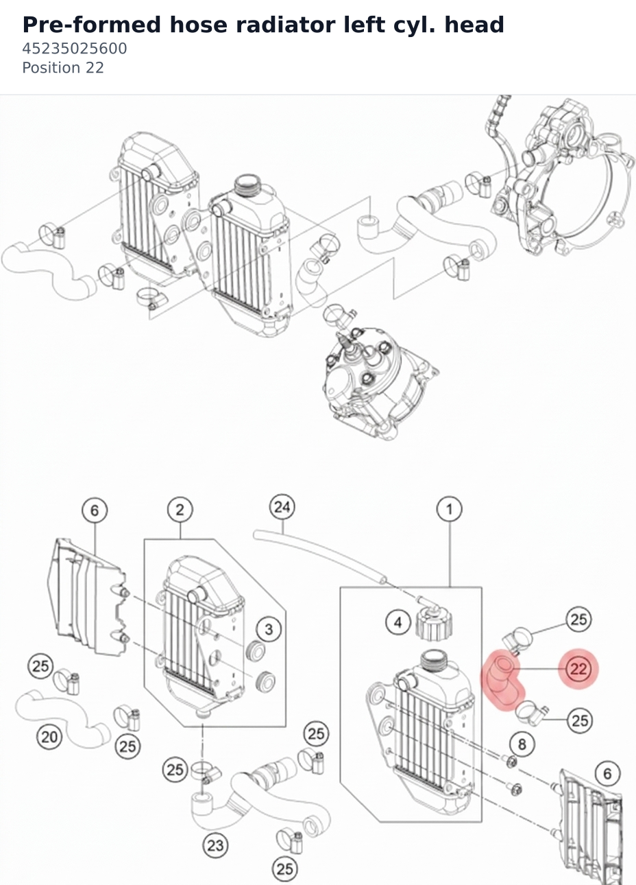 Diagram preview: Pre-formed hose radiator left cyl. head (45235025600)