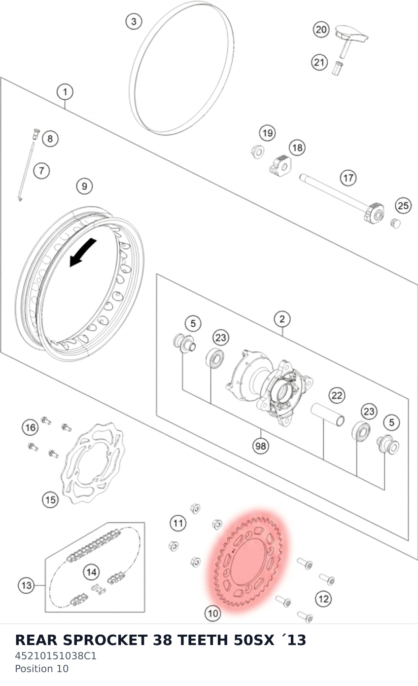 Diagram preview: REAR SPROCKET 38 TEETH 50SX ´13 (45210151038C1)