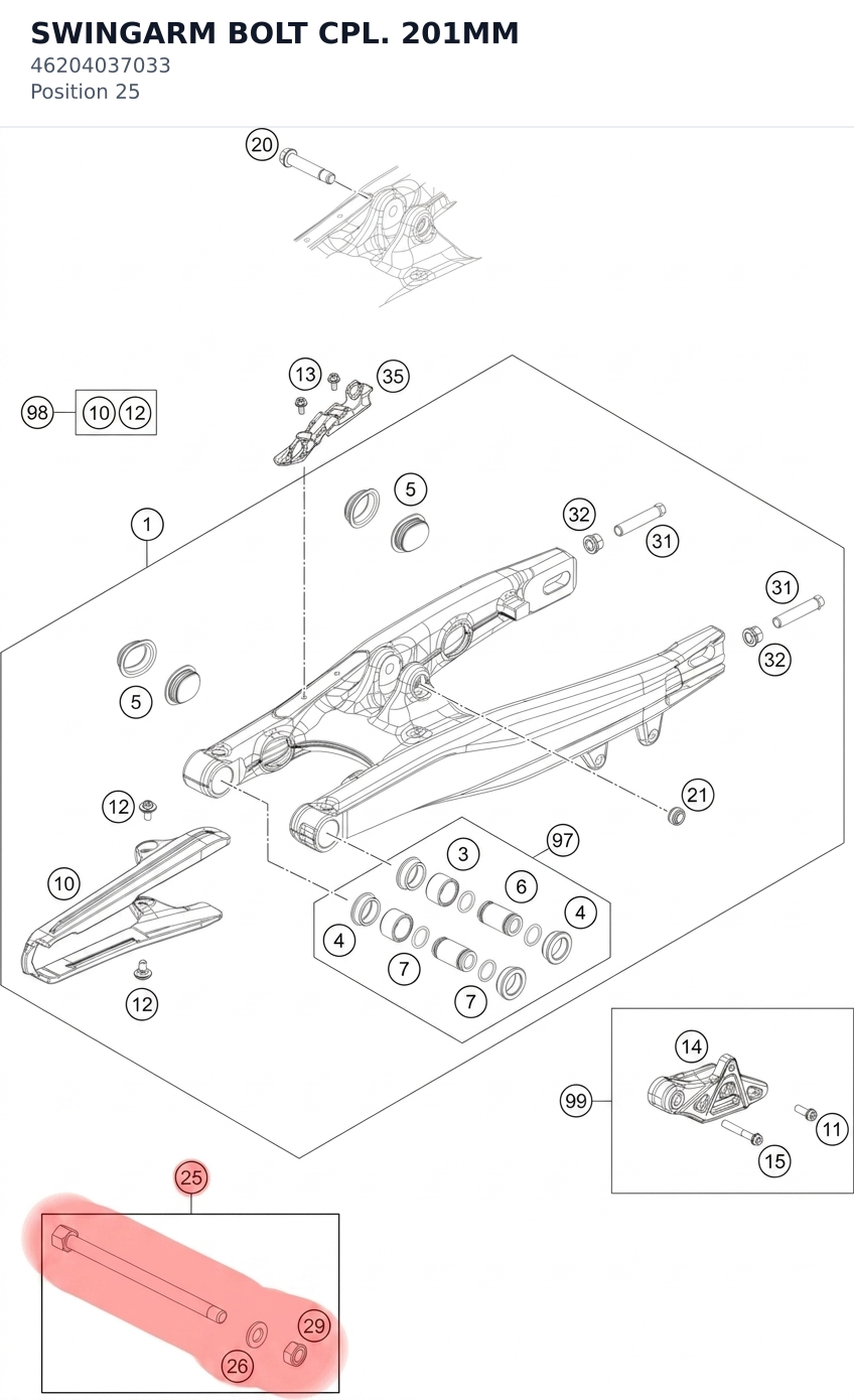 Diagram preview: SWINGARM BOLT CPL. 201MM (46204037033)