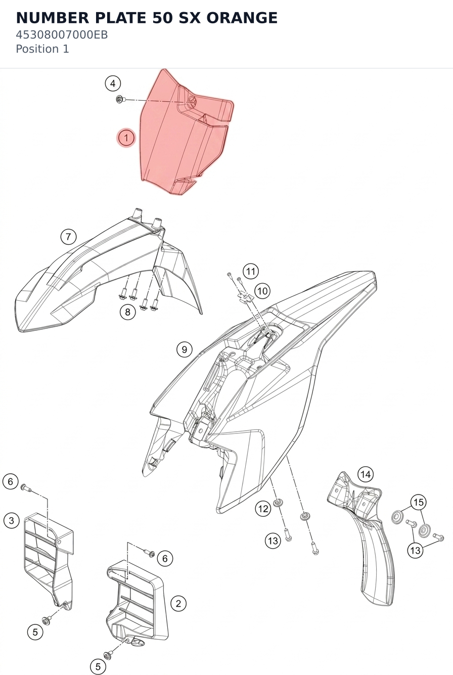Diagram preview: NUMBER PLATE 50 SX ORANGE (45308007000EB)