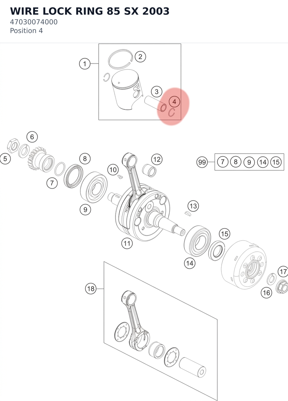 Diagram preview: WIRE LOCK RING 85 SX 2003 (47030074000)
