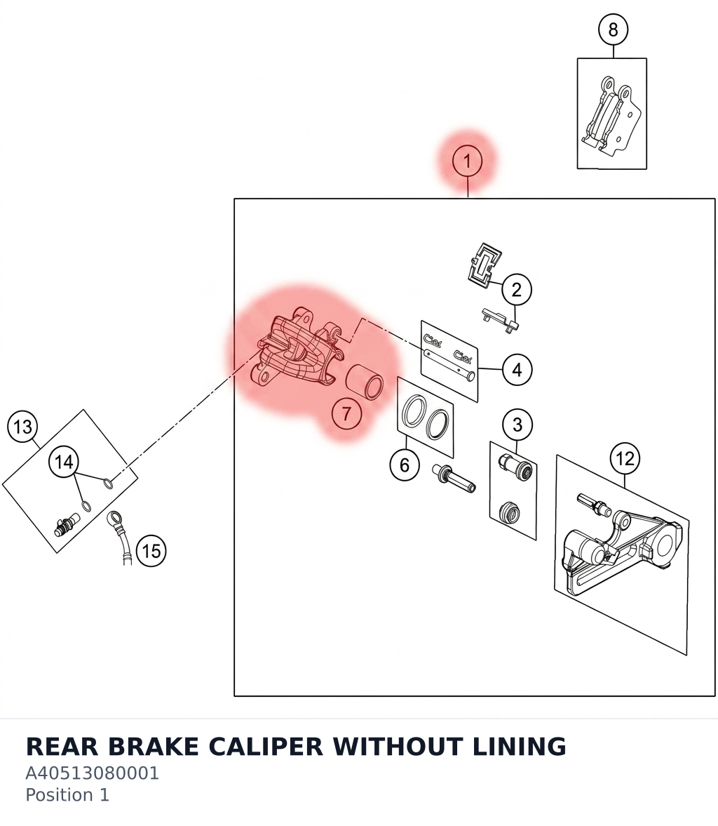 Diagram preview: REAR BRAKE CALIPER WITHOUT LINING (A40513080001)