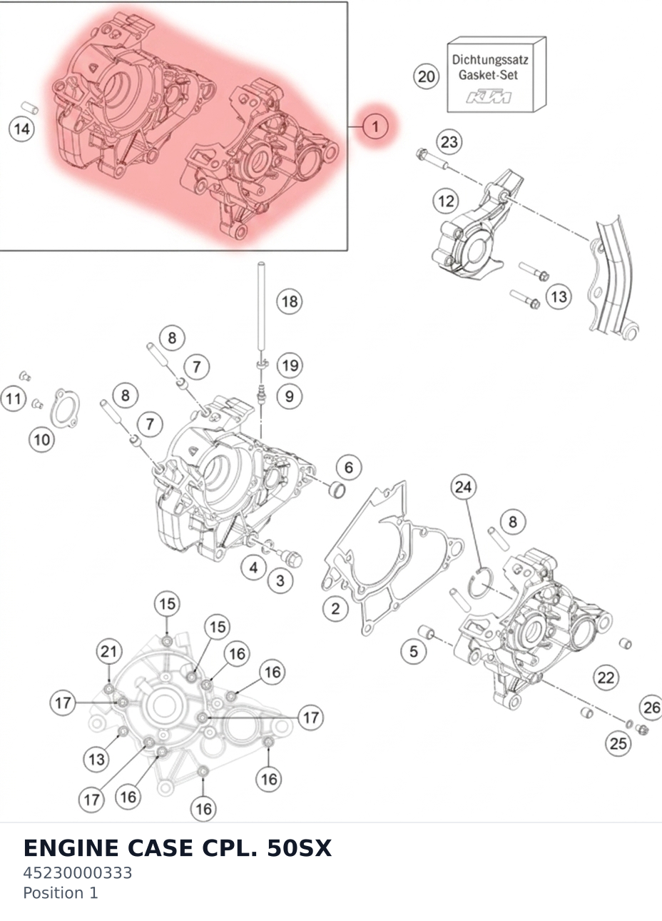 Diagram preview: ENGINE CASE CPL. 50SX (45230000333)