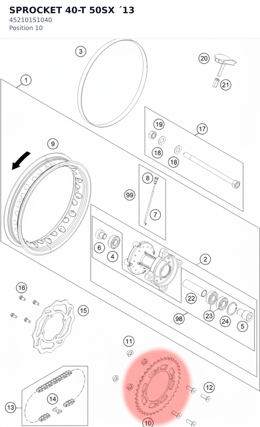 Diagram preview: SPROCKET 40-T 50SX ´13 (45210151040)