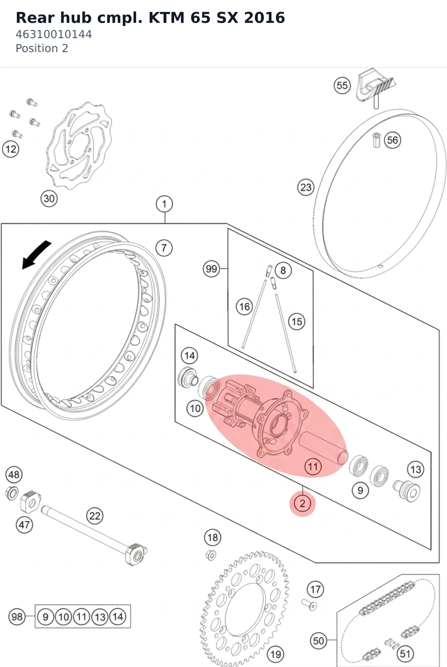 Diagram preview: Rear hub cmpl. KTM 65 SX 2016 (46310010144)