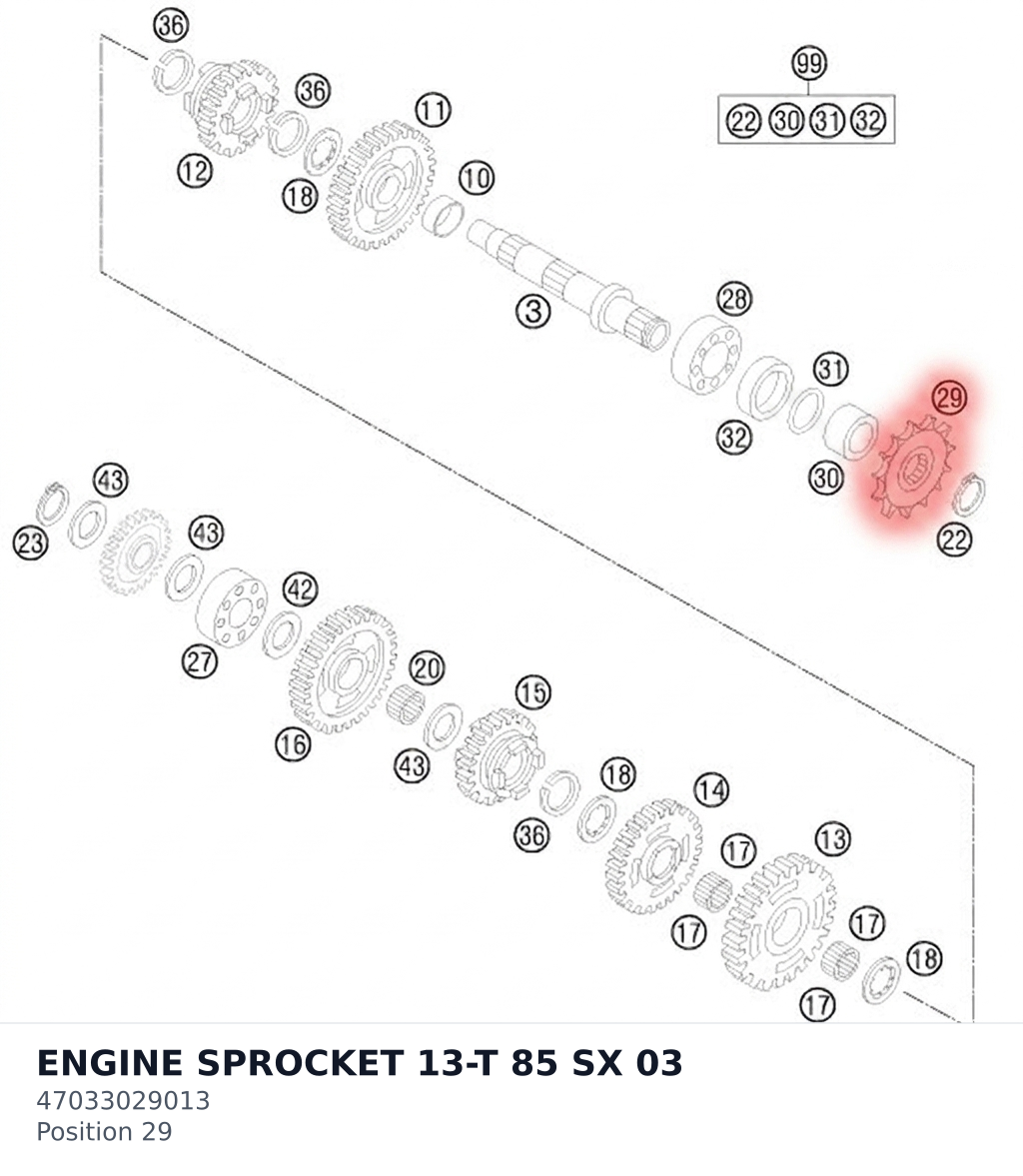 Diagram preview: ENGINE SPROCKET 13-T 85 SX 03 (47033029013)