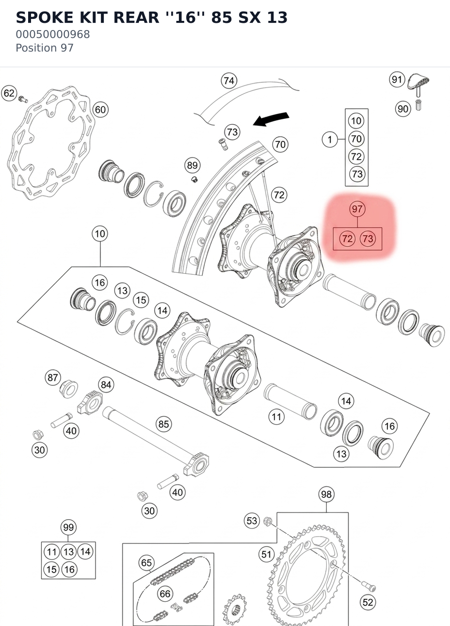 Diagram preview: SPOKE KIT REAR ''16'' 85 SX 13 (00050000968)