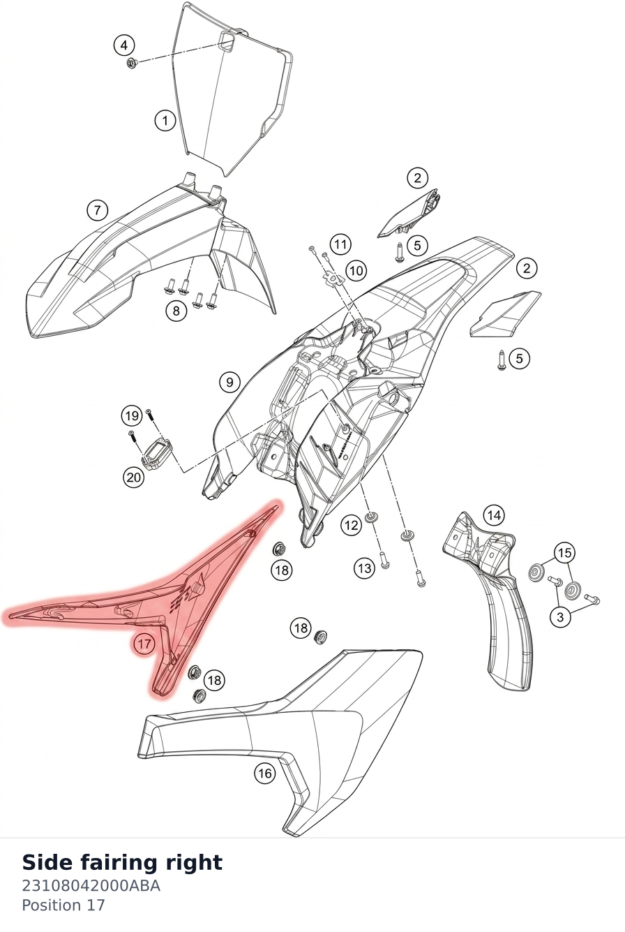 Diagram preview: Side fairing right (23108042000ABA)
