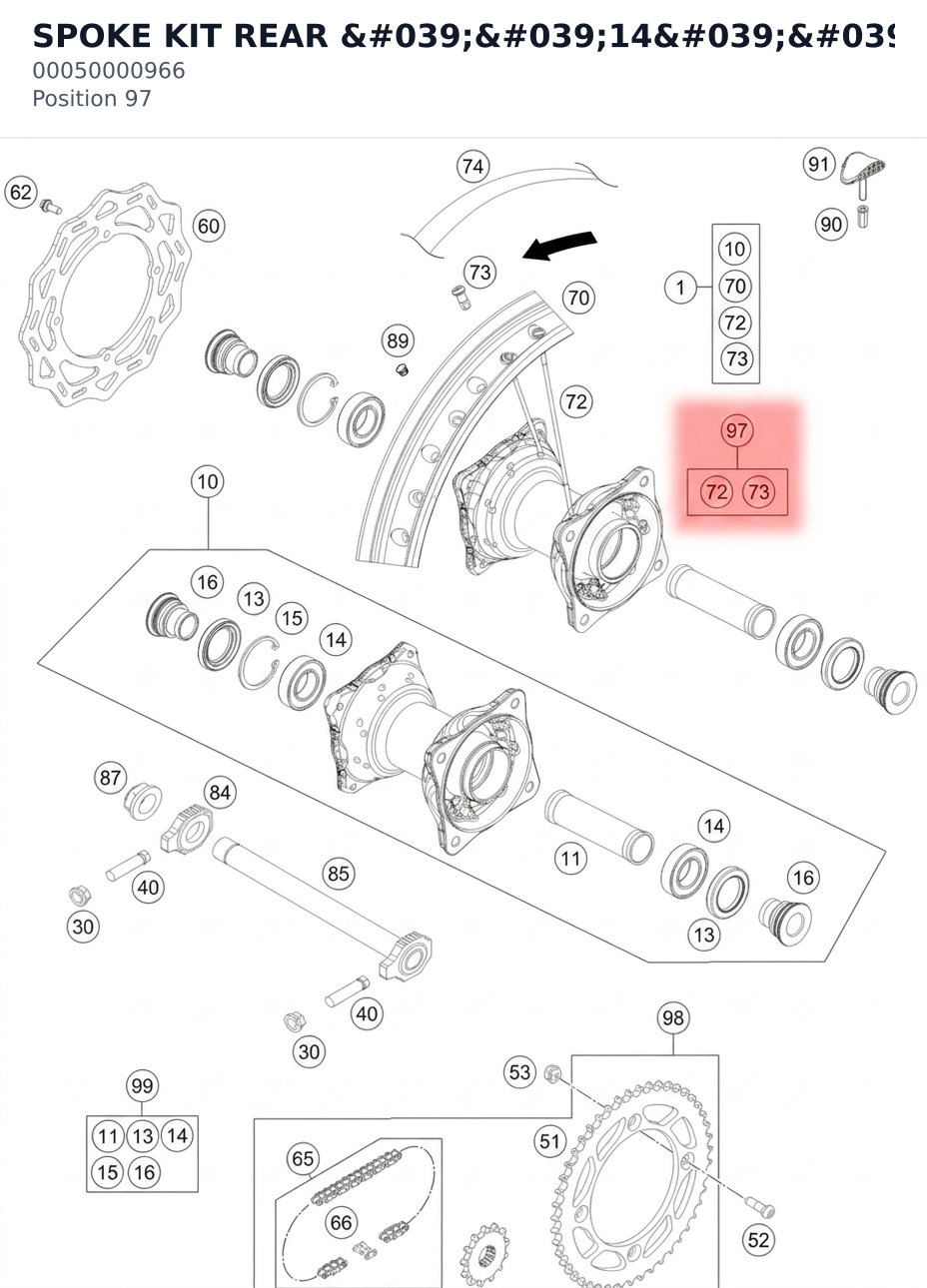 Diagram preview: SPOKE KIT REAR ''14'' 85 SX 13 (00050000966)
