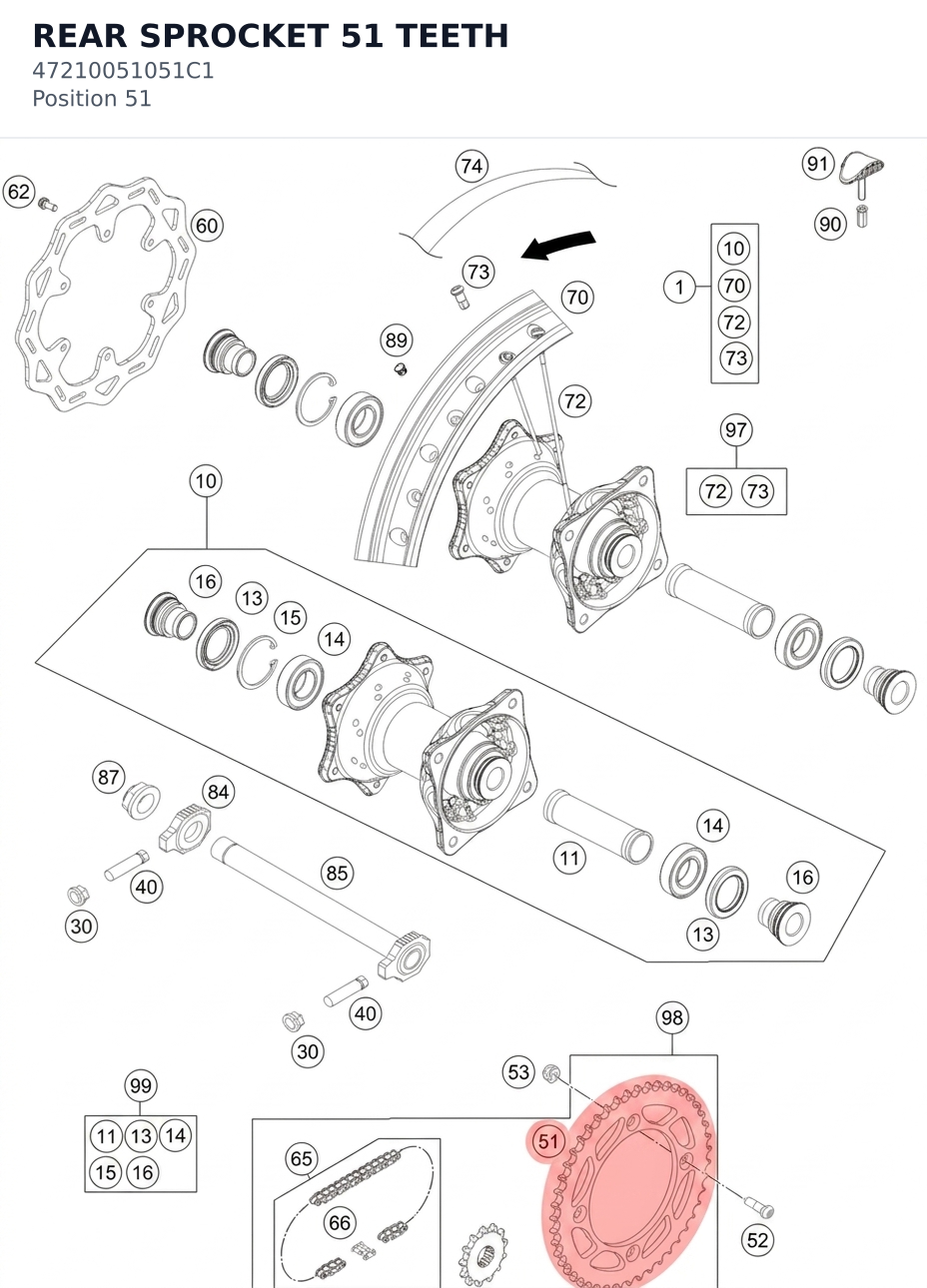 Diagram preview: REAR SPROCKET 51 TEETH (47210051051C1)