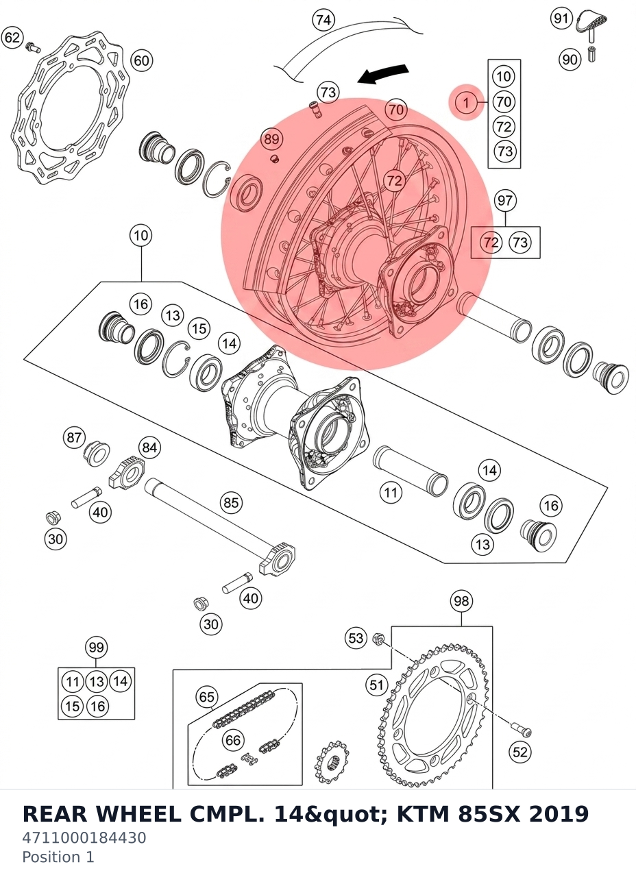 Diagram preview: REAR WHEEL CMPL. 14" KTM 85SX 2019 (4711000184430)