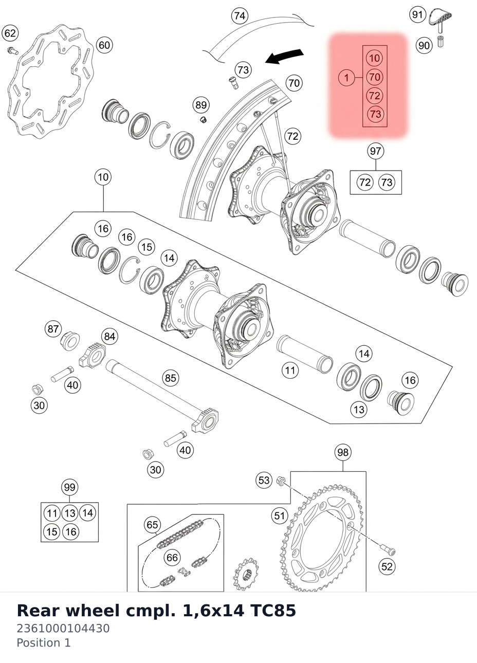 Diagram preview: Rear wheel cmpl. 1,6x14 TC85 (2361000104430)