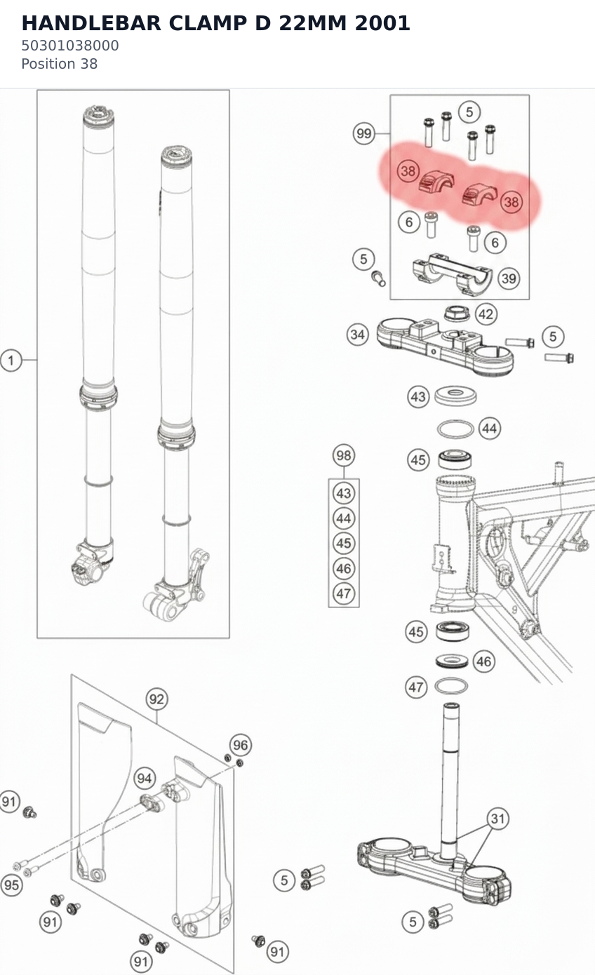 Diagram preview: HANDLEBAR CLAMP D 22MM 2001 (50301038000)
